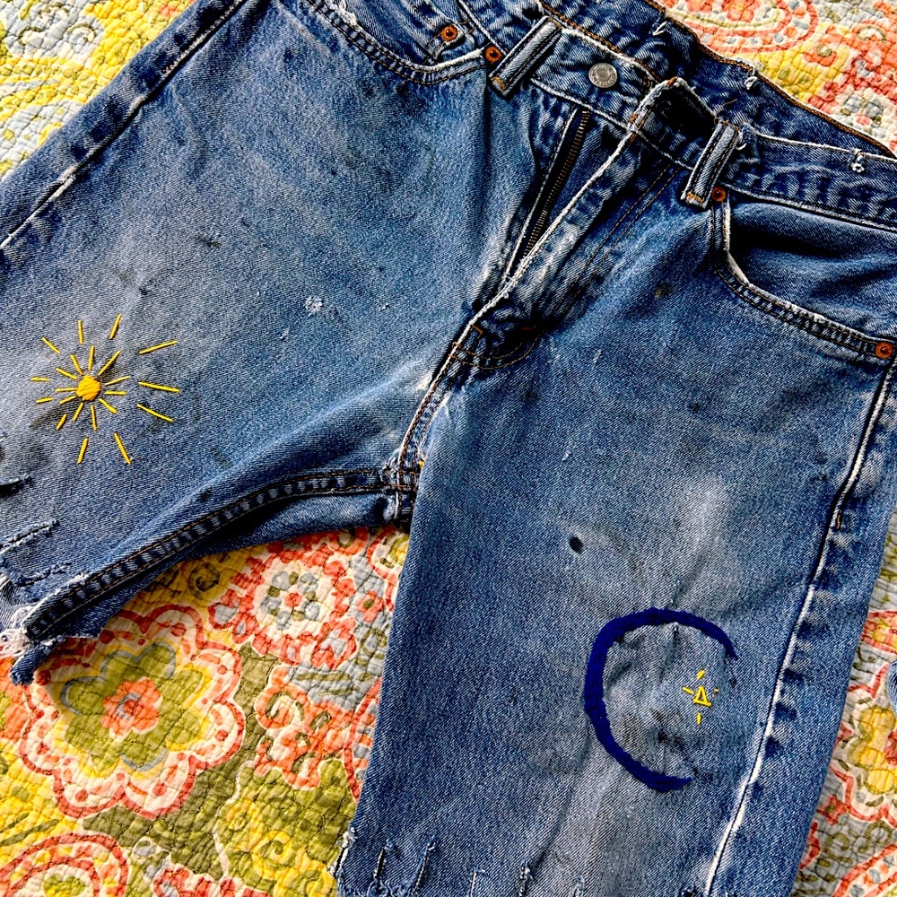 Levis 34 cut off mid fray industrial Sashiko